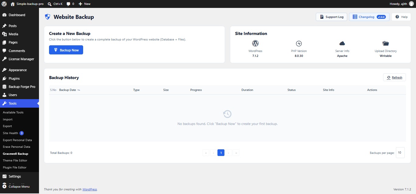 Gracewell Backup Manager dashboard under Tools menu