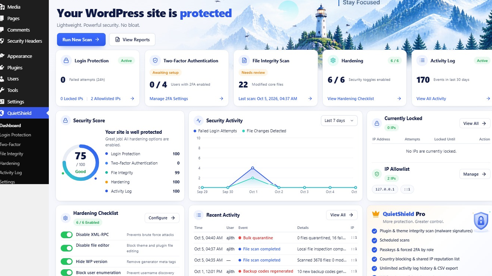 Gracewell Security Suite activity log with filters
