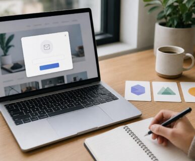 Laptop with a lead capture popup beside cards comparing alternatives to Popup Maker for collecting leads in WordPress