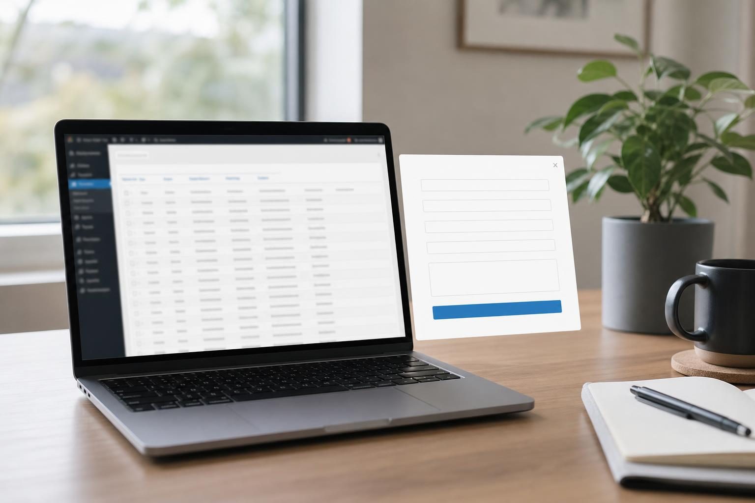 Laptop showing a WordPress dashboard of popup form submissions saved to the database