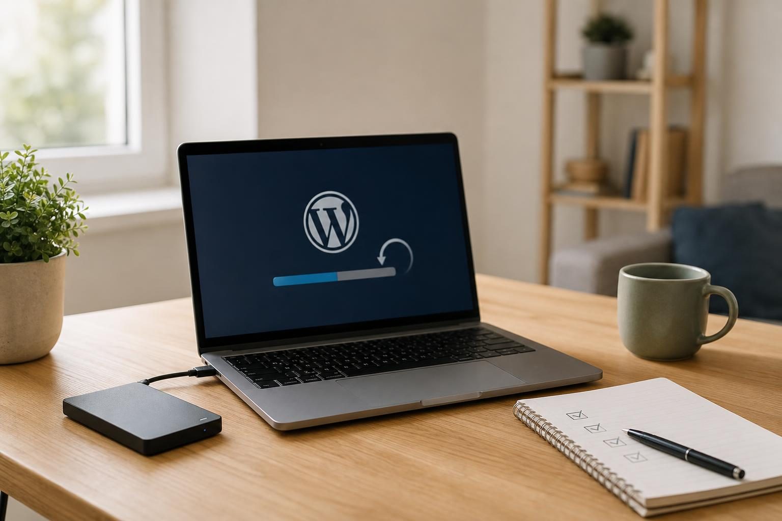 Laptop on a desk showing a WordPress site being restored from a backup